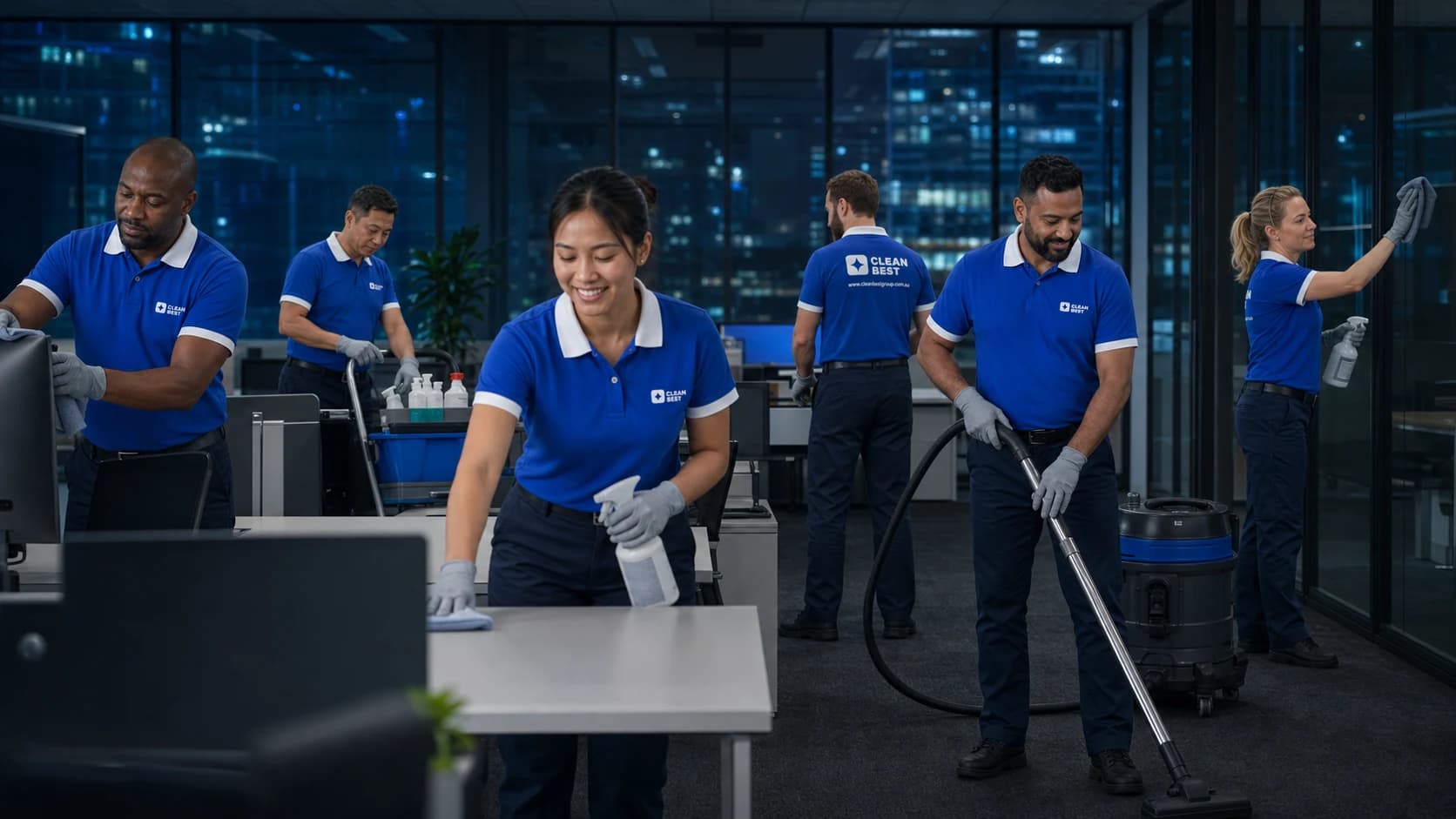 Clean Best commercial cleaning operator working an after-hours roster on a Sydney office site in NSW
